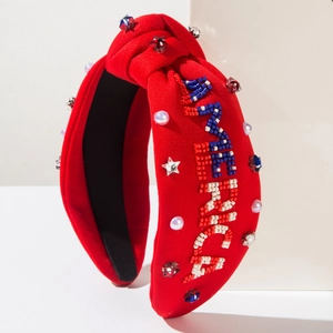 Serre-tête rouge noué à la main avec lettres America en perles et strass étoilés