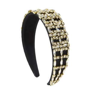 Baroque style wide headband with sparkling crystal rhinestones on elegant black fabric