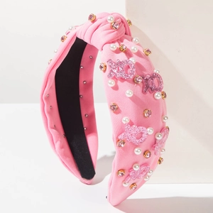 Serre-tête large rose noué avec perles, strass roses et lettres XOXO pailletées