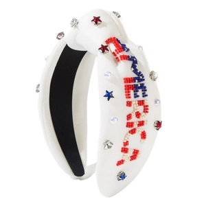 Serre-tête noué blanc avec texte AMERICA en perles et strass étoiles colorés