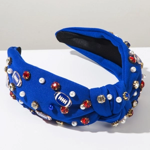 Close-up of blue knotted headband with American football charms and crystal beads