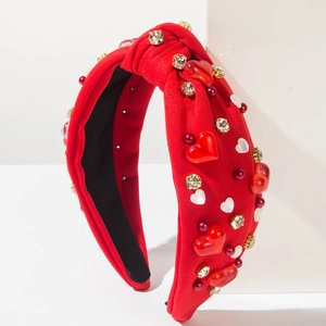 Serre-tête rouge noué avec strass, perles et cœurs pour la Saint-Valentin