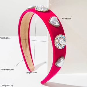 Velvet rose pink headband with heart pearls and crystals, 3cm wide fashion hair accessory