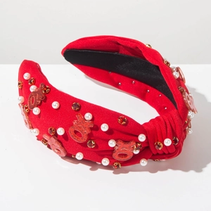 Serre-tête noué rouge pour femme avec lettres XOXO, perles blanches et strass brillants