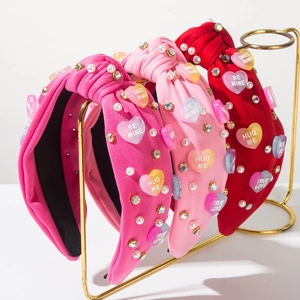 Women Knotted Wide Brim Headband Fabric Rhinestone Faux Artificial Pearl Heart Letter Valentine's Day Sweet Romantic Hair Accessory