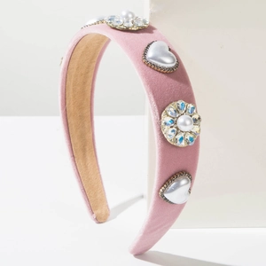 Pink velvet headband with heart faux pearls and crystal floral accents for women