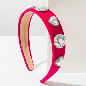 Rose red velvet headband with heart pearls and sparkling rhinestones for women