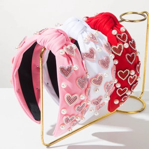 Rhinestone Heart Faux Artificial Pearl Knot Wide Headband Sweet Elegant Fabric Hair Band Valentine's Day Hair Accessories For Women