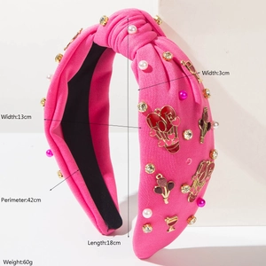 Serre-tête rose avec nœud, perles, strass et breloque en forme de cœur LOVE