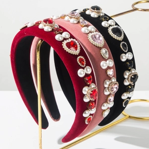 Barock Polster Samt Haarreif Mit Strassherz Künstliche Perle Mode Feiertag Haarschmuck Party Kopfschmuck Für Damen