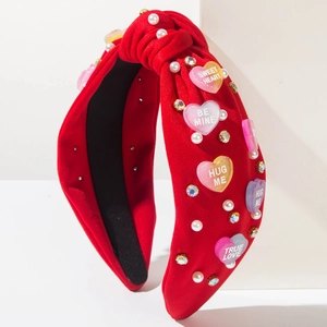 Red knotted headband with pearls, crystals and heart candy charms for Valentine's Day