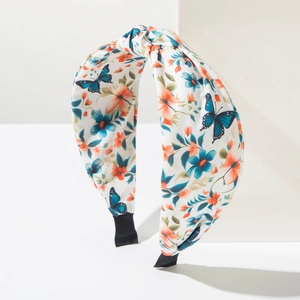 Serre-tête large bohème avec imprimé papillons bleus et fleurs doté d'un nœud élégant