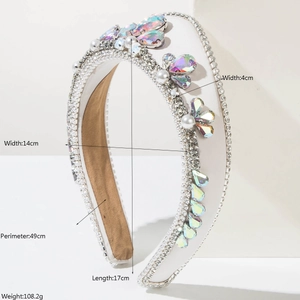 Cerchietto imbottito largo stile boho con cristalli fatti a mano, perle e tessuto satinato