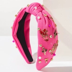Serre-tête large noué rose avec breloques coeur LOVE et perles scintillantes