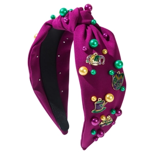 Mardi Gras knotted headband with purple fabric, colorful beads and festive metal charms