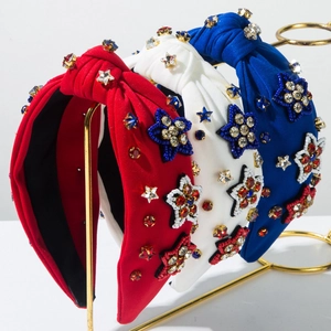 US Independence Day Star Rhinestone Knot Headband Red White Blue Beaded Fabric Fashion Hair Band For Party Women Accessories