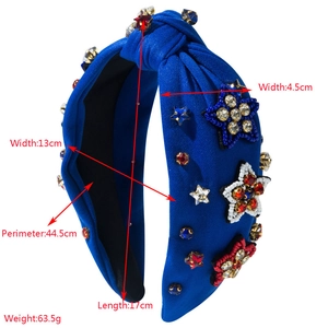 Independence Day headband with blue fabric, rhinestone stars and pearl bead embroidery