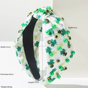 St. Patrick's Day wide headband with green shamrocks, pearls and rhinestones