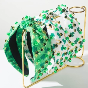 St Patrick's Day Shamrock Knot Headband With Green Rhinestone Faux Artificial Pearl Irish Festival Party Hair Band For Women Jewelry