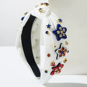 Independence Day white knotted headband with red blue star beads and rhinestones