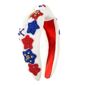 Serre-tête blanc perlé à la main avec motifs d'étoiles rouges et bleues et strass brillants