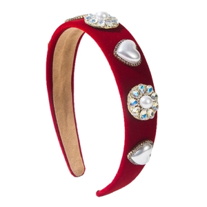 Red velvet headband with pearls and heart rhinestones for elegant Valentine styling