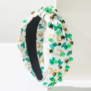 Saint Patrick's Day wide headband with green clovers, rhinestones and pearls
