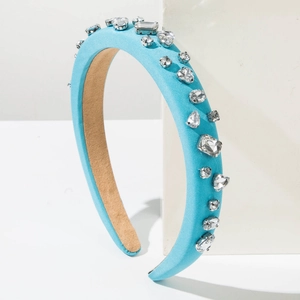 Sky blue padded sponge headband with sparkling crystal gems and smooth satin fabric