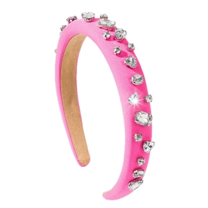 Chic padded fuchsia satin headband with irregular sparkling crystals and heart rhinestones