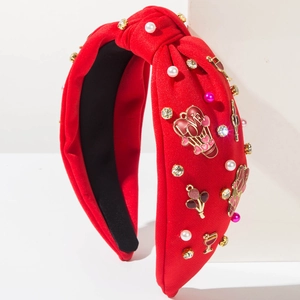 Serre-tête noué rouge avec perles et strass et breloques de ballons en forme de cœur