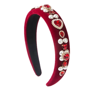Barock-Samt-Haarreif mit roten Herzkristallen und Perlen für festlichen Haarschmuck