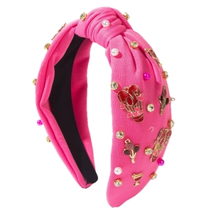 Serre-tête noué rose fuchsia avec perles, cristaux et breloques en forme de cœur