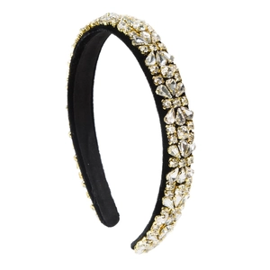 Luxurious Baroque headband with sparkling crystals on black velvet and gold-tone base