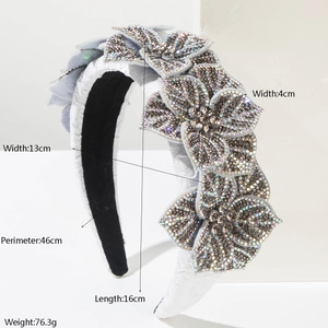 Baroque style wide headband with five rhinestone flowers and specific dimensions