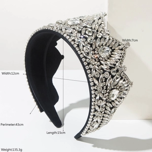 Baroque crystal crown headband with silver rhinestones on black velvet base for weddings
