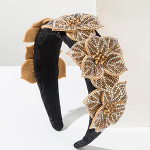 Baroque style wide headband with vintage floral rhinestones and velvet texture