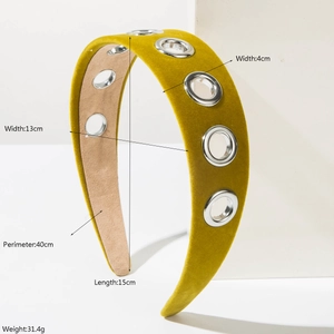 Baroque wide velvet headband with silver metal grommets and mustard yellow finish
