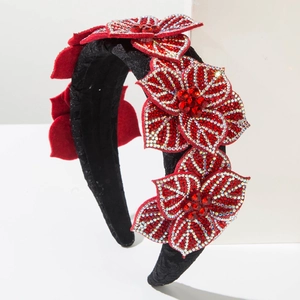 Elegant Baroque headband featuring five red floral designs encrusted with sparkling crystals