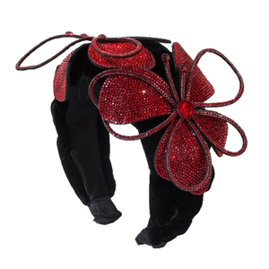 Luxurious velvet padded headband with red rhinestone flowers and crystal center decoration