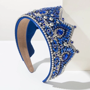 Baroque royal blue crystal tiara headband with velvet lining and non-slip pad
