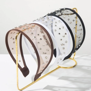 Baroque Mesh Wide Headband For Women With Rhinestones And Silver Rivets Elegant Retro Tulle Hairband Daily Party Hair Accessories
