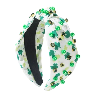 St. Patrick's Day headband with green shamrock print, pearls, and rhinestones