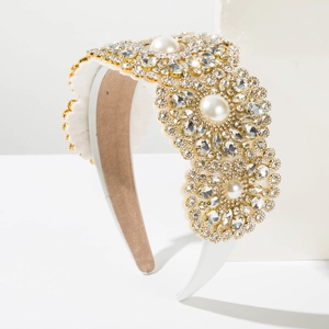 Serre-tête large style baroque avec perles blanches et fleurs en cristaux brillants