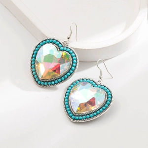 Boucles d'oreilles cœur vintage avec pierres irisées et perles turquoise en argent