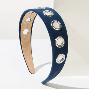 Baroque style wide headband in dark blue velvet with silver metal eyelets decoration