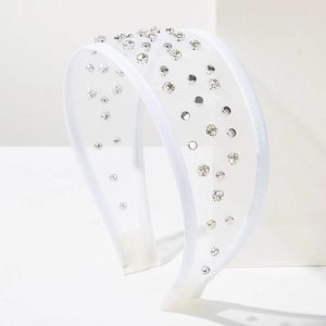 Modern white mesh wide headband featuring clear rhinestones and silver metal rivets decoration