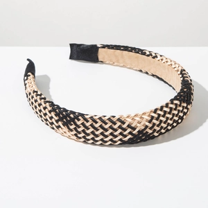 Handmade bohemian braided headband in black and champagne gold with geometric texture