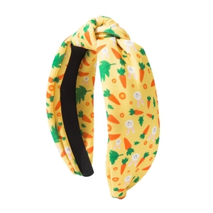 Easter bunny and carrot print knotted headband in bright yellow fabric for women