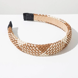 Bohemian style brown and white hand-woven raffia headband with non-slip velvet lining