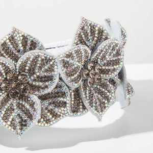 Macro view of detailed baroque floral headband with sparkling AB rhinestones and crystals